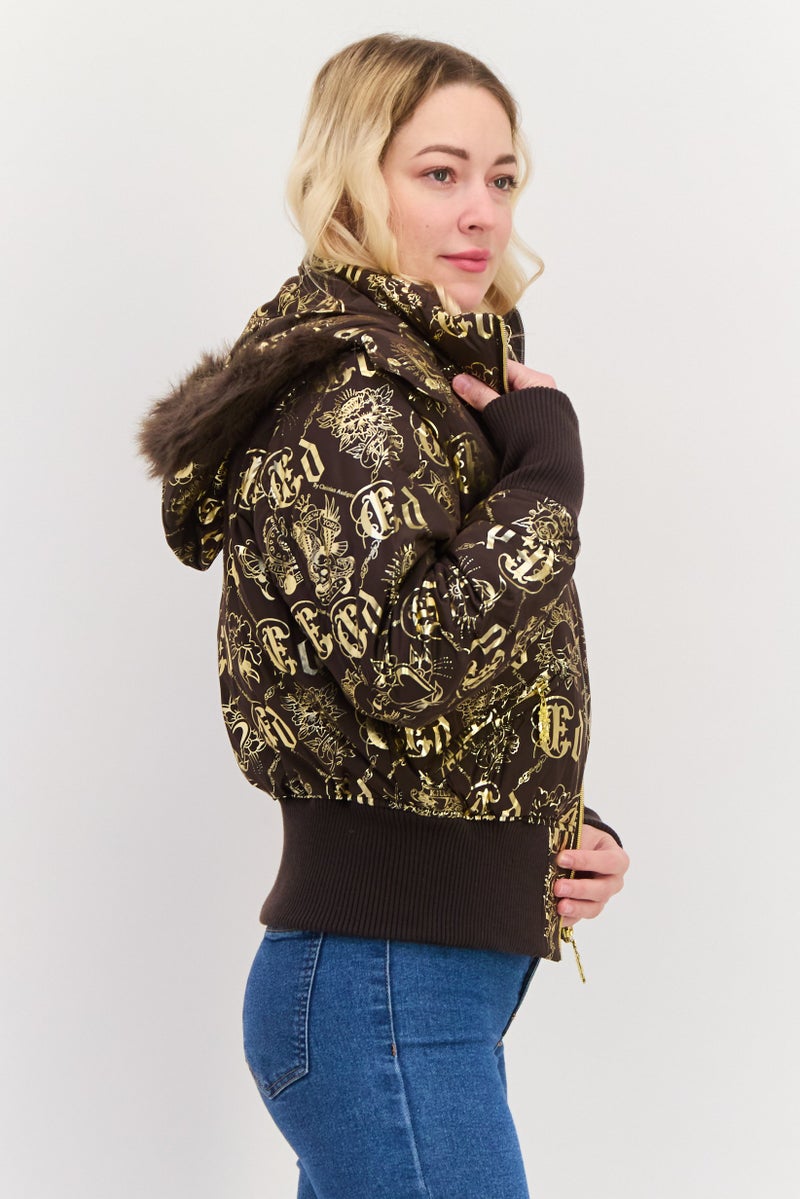 Ed Hardy جاكيت نسائي مزخرف بغطاء رأس، بني - Image 2