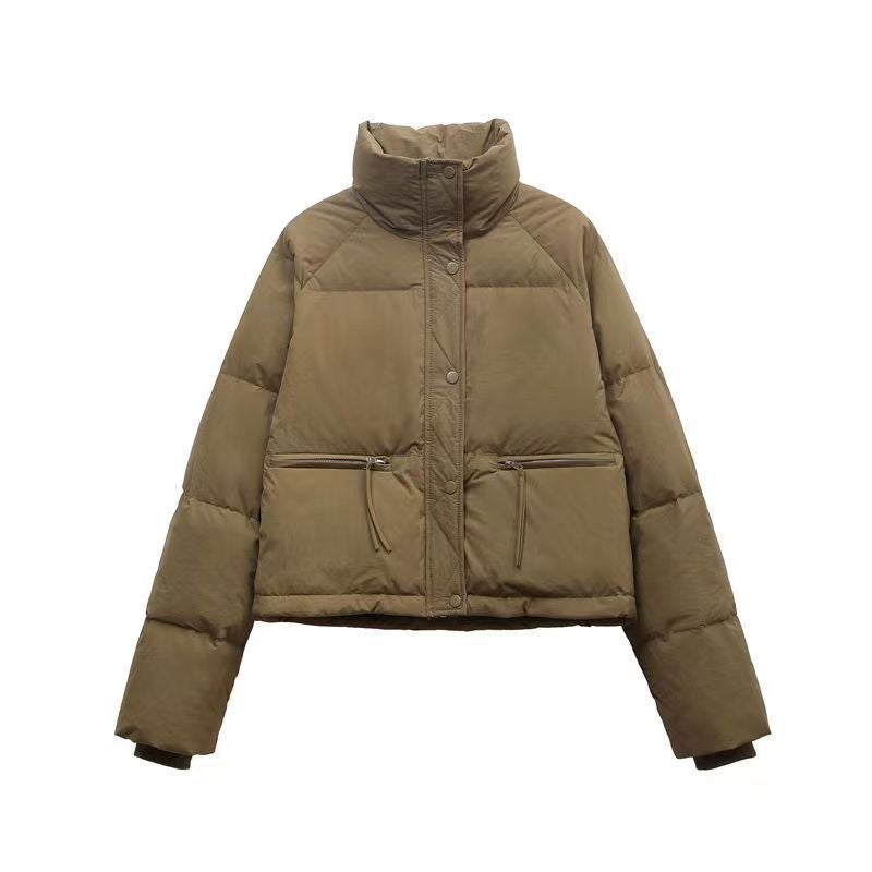 Thickened Cotton Coat Womens Cropped Versatile Korean Style Stand Collar Puffer Jacket Trendy Winter Warm Comfortable Outerwear Mocha Brown