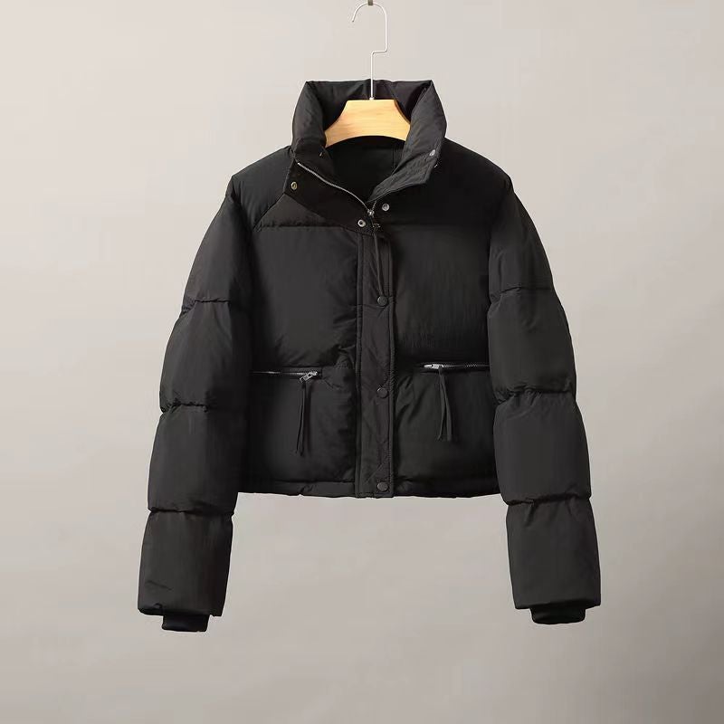 Thickened Cotton Coat Womens Cropped Versatile Korean Style Stand Collar Puffer Jacket Trendy Winter Warm Comfortable Outerwear Mocha Brown
