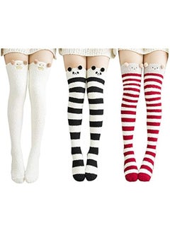 Womens Over Knee High Fuzzy Socks Cute Cartoon Thigh High Stockings Warm Stripe Leg Warmers