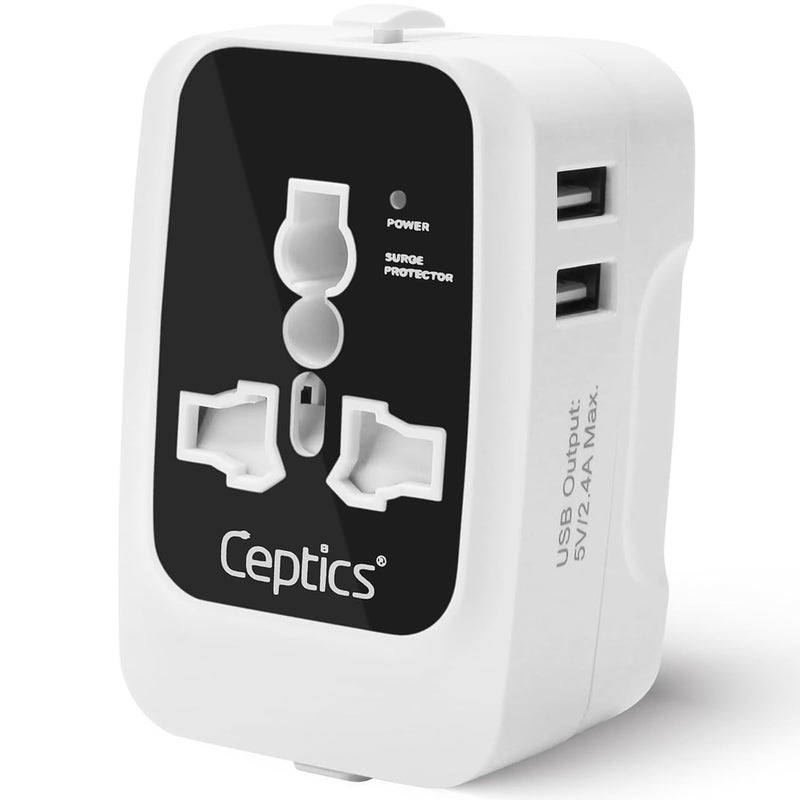Ceptics International Travel Adapter, Universal Charger, 2X 2.4A USB-A with 15W Output, Universal Socket for Global use, CE & RoHS Certified– Black/White - Image 1