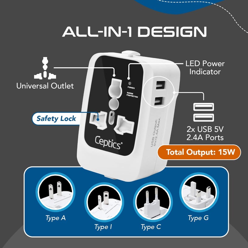 Ceptics International Travel Adapter, Universal Charger, 2X 2.4A USB-A with 15W Output, Universal Socket for Global use, CE & RoHS Certified– Black/White - Image 3