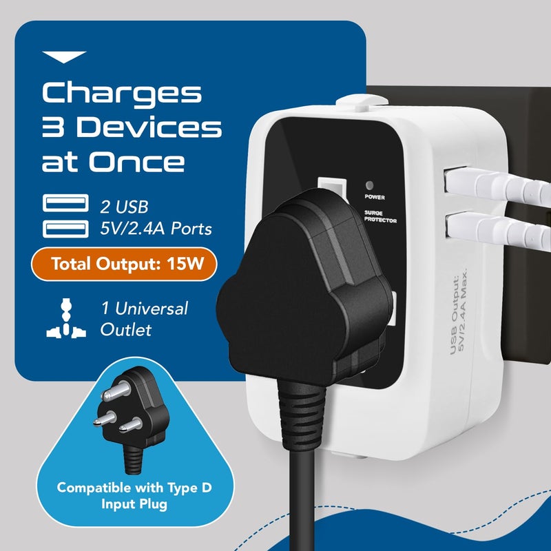 Ceptics International Travel Adapter, Universal Charger, 2X 2.4A USB-A with 15W Output, Universal Socket for Global use, CE & RoHS Certified– Black/White - Image 5