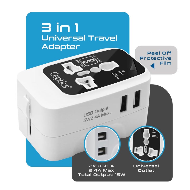 Ceptics International Travel Adapter, Universal Charger, 2X 2.4A USB-A with 15W Output, Universal Socket for Global use, CE & RoHS Certified– Black/White - Image 2
