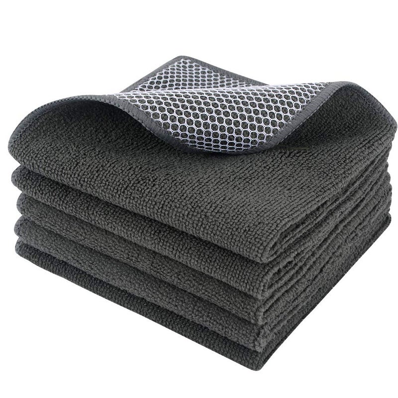 SINLAND Microfiber Dish Cloths Wash Clothes for Kitchen Best Kitchen Cloths Cleaning Cloth Poly Scour Side 12x12 5Pack Dark Grey