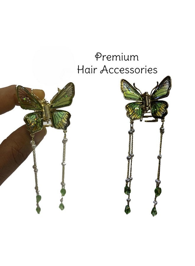 FICTIOUS Sparkly Rhinestone Butterfly Hair Claw with Tassel - Stylish Green 3D Hair Clip for Wedding, Prom & Everyday Use - Image 3