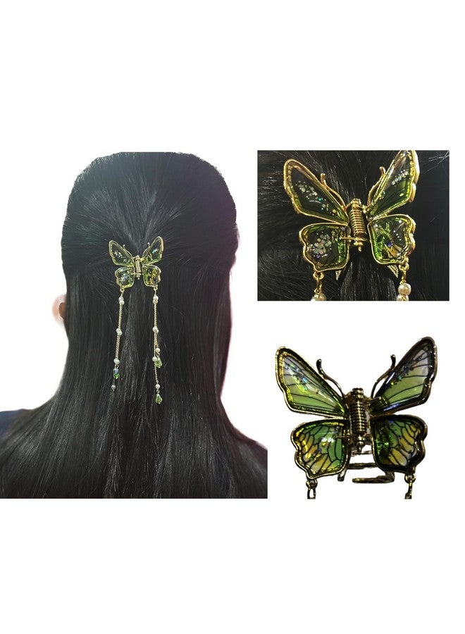 FICTIOUS Sparkly Rhinestone Butterfly Hair Claw with Tassel - Stylish Green 3D Hair Clip for Wedding, Prom & Everyday Use - Image 1