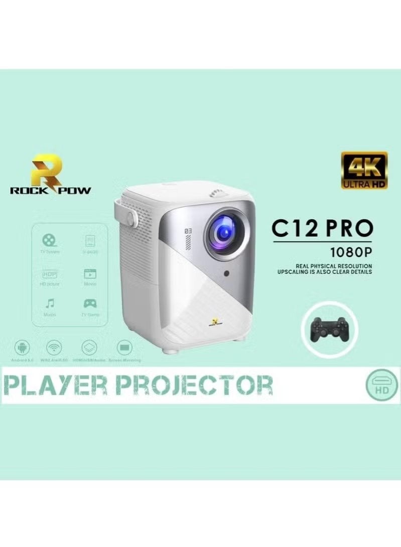 Rock Pow Video Game Projector with Dual Wireless Controllers Android 9.0 WiFi 2.4G 5G Screen Mirroring HDMI USB Audio 4K Supported 1080P Native Resolution 3GB RAM 64GB Storage Home Theater Gaming Projector White - Image 2