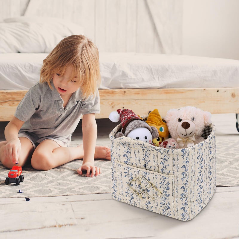 ANKICK Storage Basket Boho Fabric Large Collapsible Floral Laundry Nursery Hamper Portable Folding Storage for Clothes Toys (Vine-Blue C) - Image 2