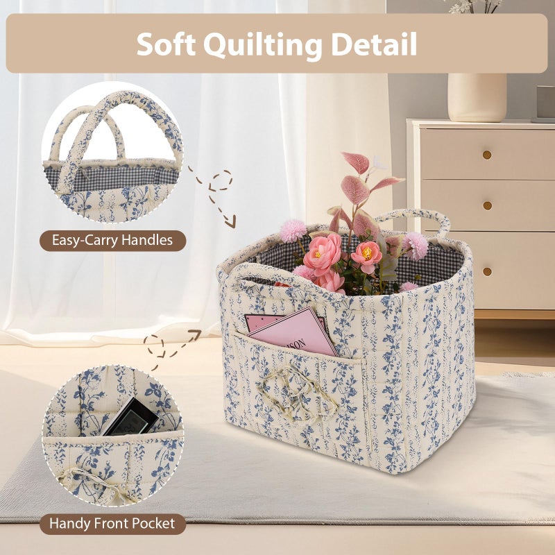 ANKICK Storage Basket Boho Fabric Large Collapsible Floral Laundry Nursery Hamper Portable Folding Storage for Clothes Toys (Vine-Blue C) - Image 5