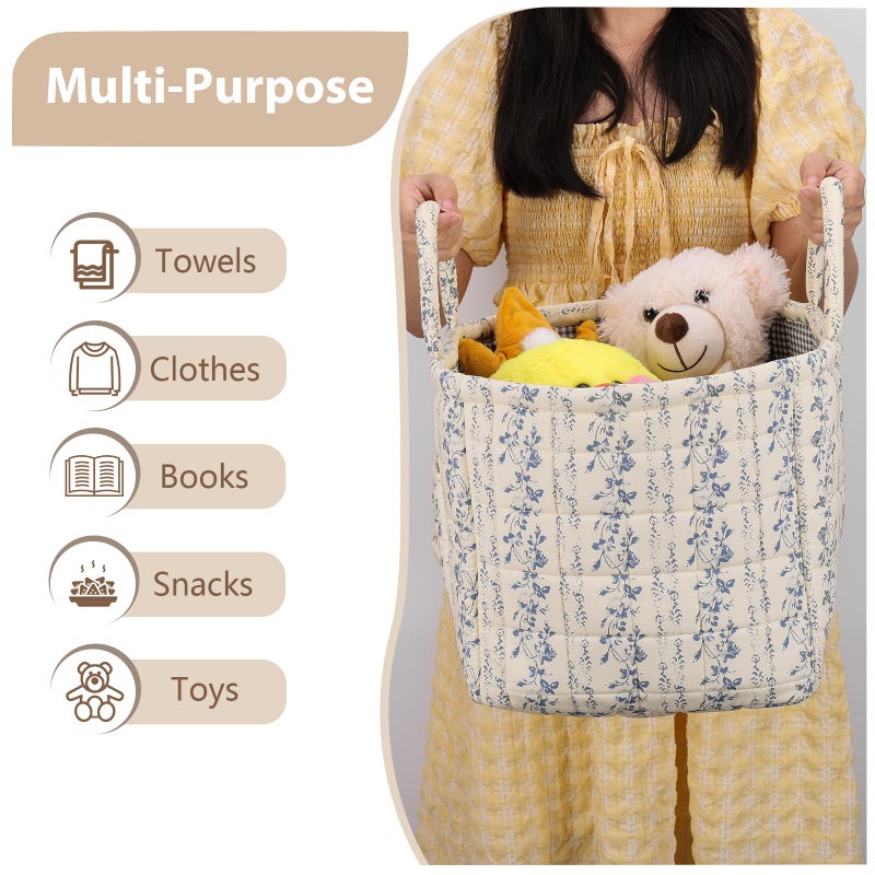 ANKICK Storage Basket Boho Fabric Large Collapsible Floral Laundry Nursery Hamper Portable Folding Storage for Clothes Toys (Vine-Blue C) - Image 3