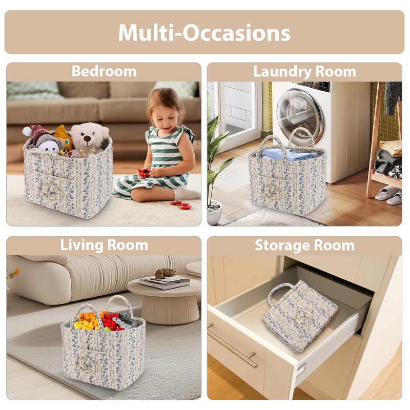 ANKICK Storage Basket Boho Fabric Large Collapsible Floral Laundry Nursery Hamper Portable Folding Storage for Clothes Toys (Vine-Blue C) - Image 4