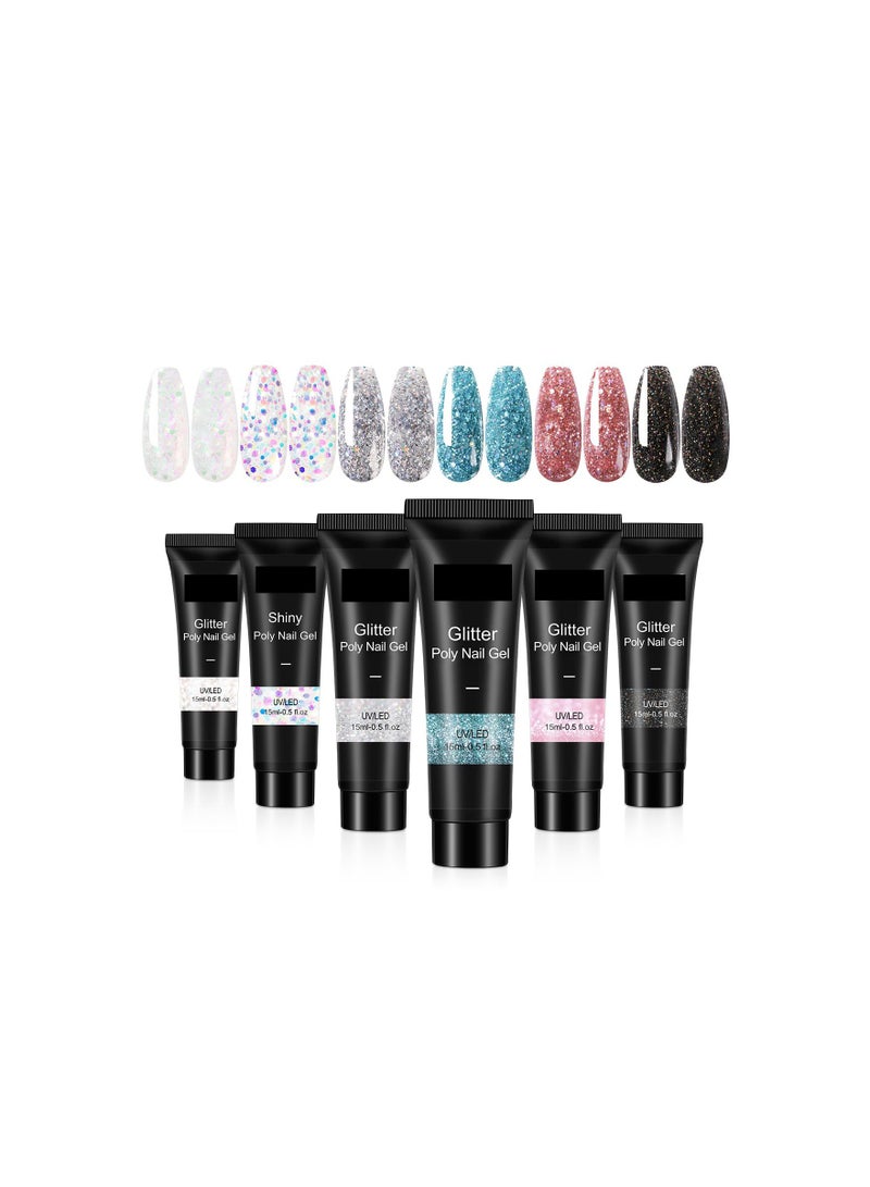 Captaintech Glitter Poly Nail Gel Set - 6 Colors of Shiny Blue Diamond Poly Nail Extension Gel, Easy to Use for Beginners, Harmless and Low Odor, Perfect for Trendy Nail Enhancements (15ml each) - Image 1