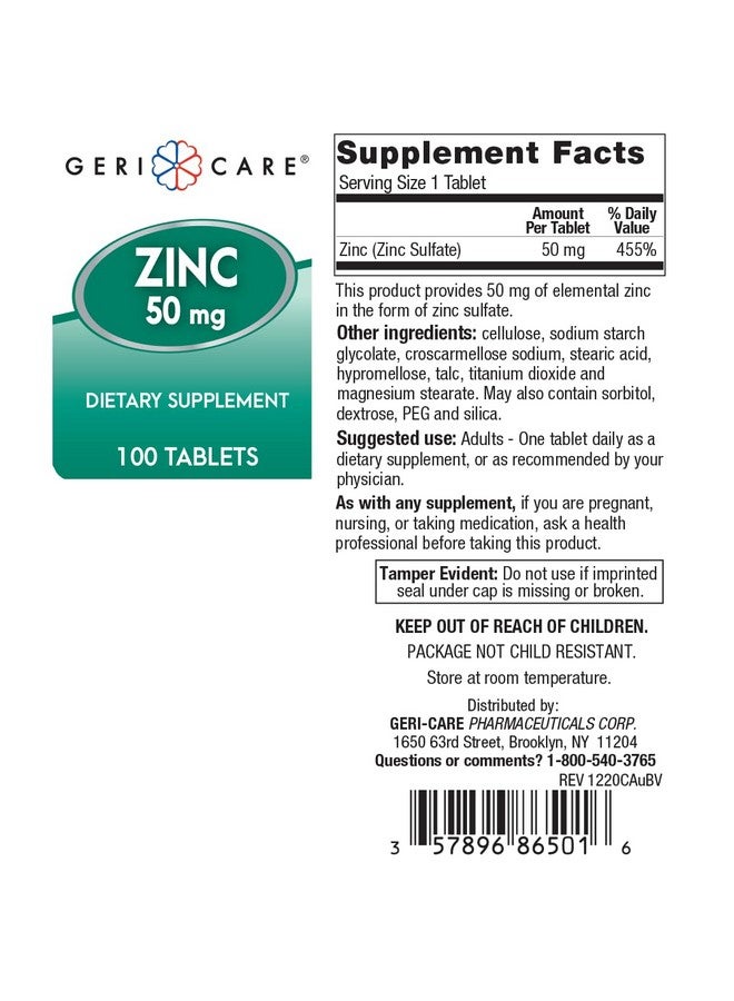 GeriCare Zinc Sulfate Tablets 50mg by Geri-Care | Dietary Supplement | 100 Count Bottle, 2-Pack - Image 2