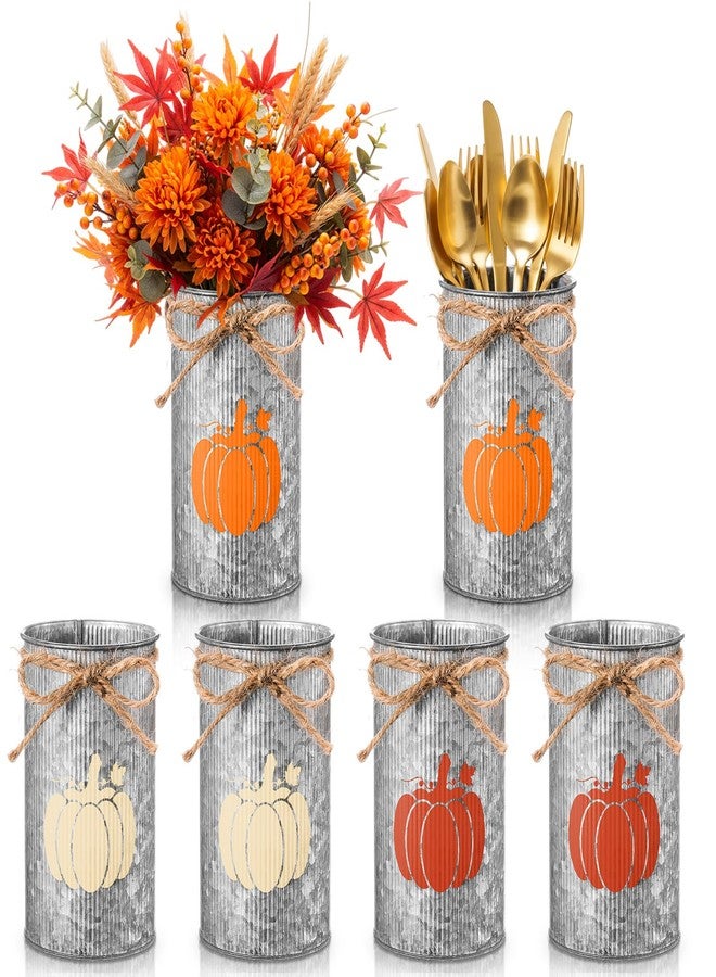 Domensi 6 Pcs Thanksgiving Table Centerpieces Fall Pumpkin Vases Decor Farmhouse Galvanized Metal Vases for Flowers Mason Jar Utensil Holder for Thanksgiving Fall Autumn Rustic Home Office Decorations - Image 1