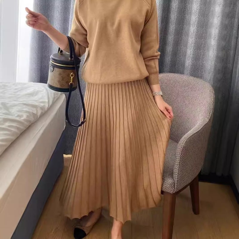 South Korea Chic Temperament suit 2024 Fall/Winter New Thickened Sweater Knitted Sweater Pleated Dress Two-Piece Set for Women Apricot - Image 2