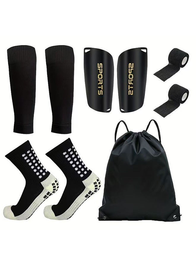 1 Pair Grip Soccer Socks, 1 Pair Soccer Sleeve Socks with 1 Pack Shin Guards and 2 Shin Straps, Football Game Set 6 Pcs - Image 1