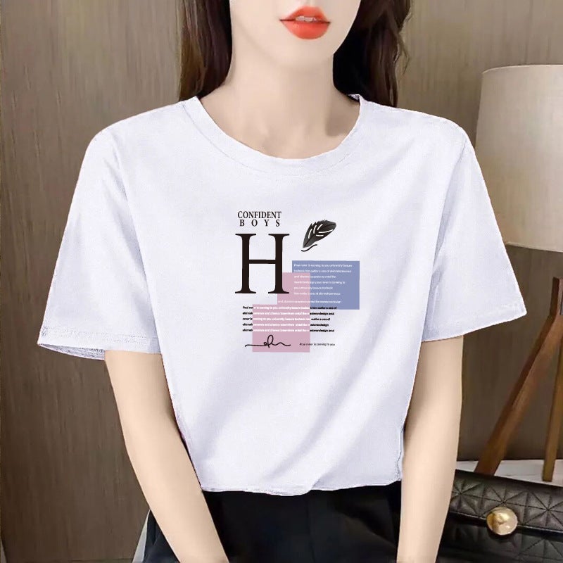 Half-Sleeve 95% Cotton Short-Sleeved Round Neck T-Shirt Summer Loose Korean-Style Slimming ins Printed Stylish All-Match Casual - Image 2