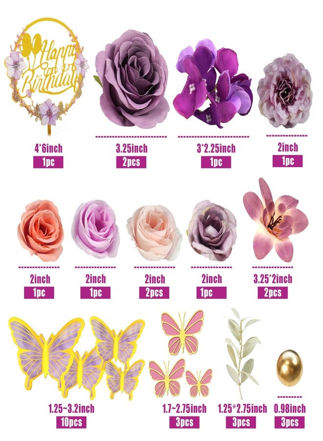 Tazimi Flower Cake Topper Purple Cake Decorations with Artificial Flowers Butterfly Balls for Wedding Birthday - Image 2