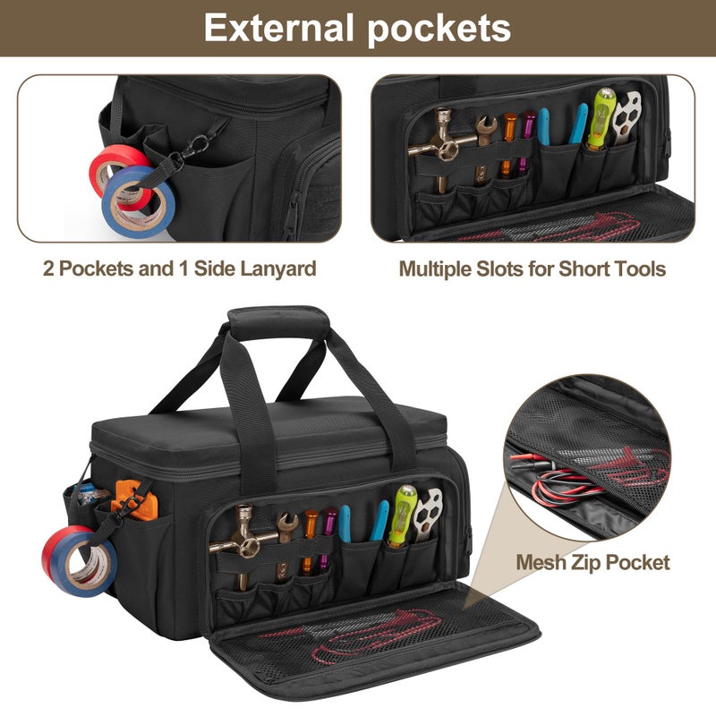 Rexmica 14-Inch Tool Bag with Anti-friction Bottom, Hand Tool Storage Organizer for Men, Tactical Range Bag, Multi-purpose Work Tote for Repairman, Carpenters, Handyman, Black - Image 3