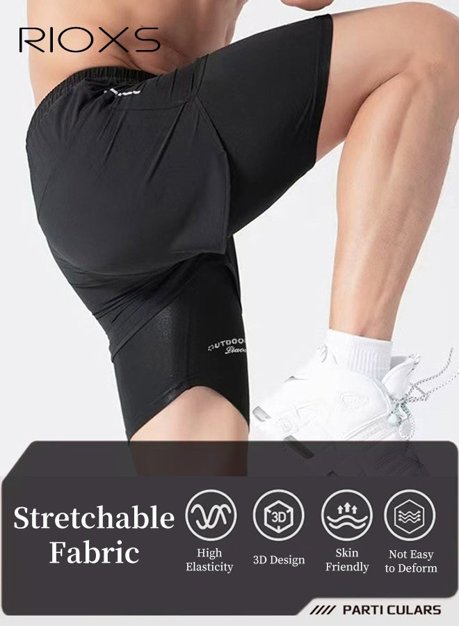 RIOXS Men's 2-in-1 Gym Shorts, 7 inch Quick Dry Drawstring Shorts, Comfy Breathable Swim Trunks, Mens Beach Trunks with Mesh Lining, Dual-layer Swim Shorts with Side Pockets, Stretch Athletic Workout Shorts For Men, Fitness Running Training Surfing Shorts- Soild Black Football Shorts  - Image 4