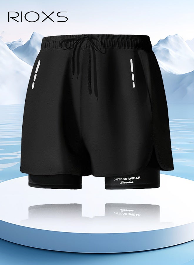 RIOXS Men's 2-in-1 Gym Shorts, 7 inch Quick Dry Drawstring Shorts, Comfy Breathable Swim Trunks, Mens Beach Trunks with Mesh Lining, Dual-layer Swim Shorts with Side Pockets, Stretch Athletic Workout Shorts For Men, Fitness Running Training Surfing Shorts- Soild Black Football Shorts  - Image 1