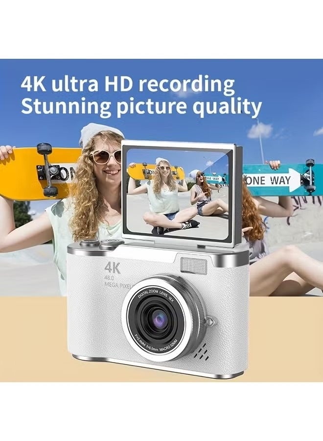 كاميرا رقمية محمولة بدقة 48 ميجابكسل مزودة بتقريب رقمي CCD بدقة 4K، وكاميرا سيلفي بشاشة قابلة للطي 180 درجة، مع بطاقة ذاكرة SD سعة 128 جيجابايت. - Image 4