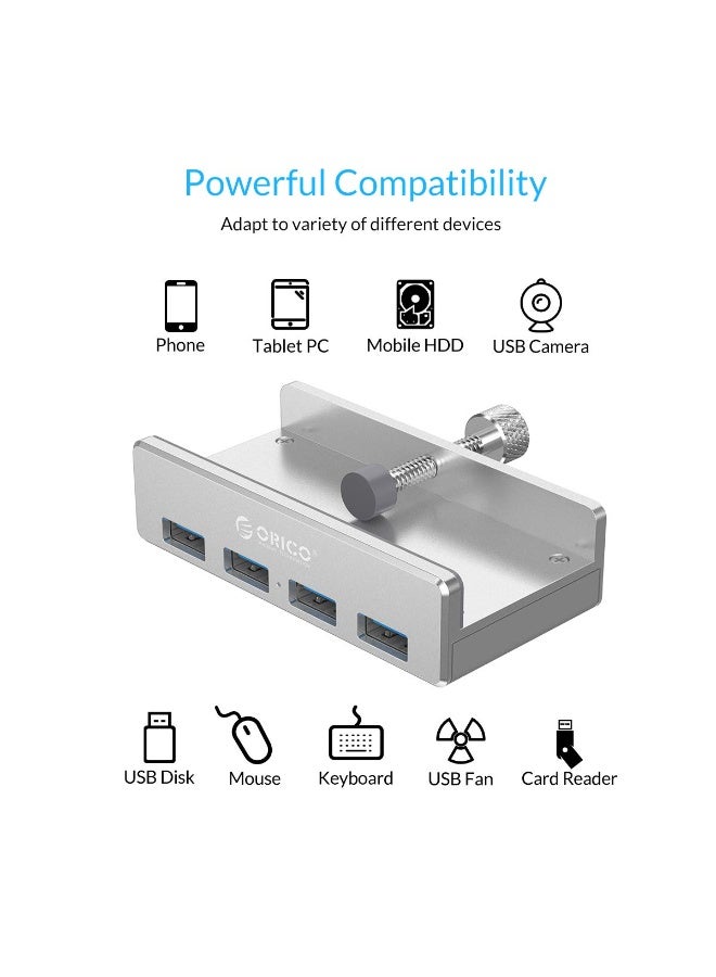 أوريكو أوريو USB 3.0 محور، USB موصل، الألومنيوم 4 منفذ USB مقسم مع منفذ تزويد طاقة إضافية و 4.92 FT USB A إلى USB A و USB A إلى USB C كابل، سطح المكتب المعزز USB محور للشاشات/المكتب -الفضة - Image 3