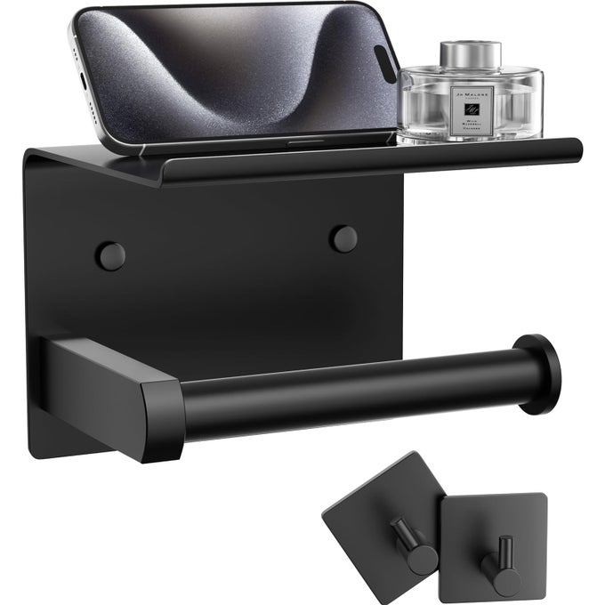 TOILET PAPER HOLDER WITH PHONE SHELF TOWEL ROBE HOOKS ADHESIVE OR SCREW WALL MOUNTED TOILET PAPER ROLL STORAGE STAINLESS STEEL BATHROOM TISSUE ROLL HOLDER MATTE BLACK
