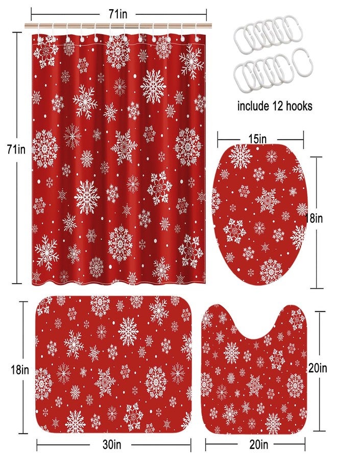 موكسيكا طقم ستارة حمام Mocsicka بتصميم ندفة الثلج لعيد الميلاد، 4 قطع، طقم حمام شتوي بتصميم ندفة الثلج مع سجاد مانع للانزلاق، غطاء للمرحاض، سجادة حمام، ستارة حمام، ديكور حمام مع 12 خطاف (أحمر) - Image 3