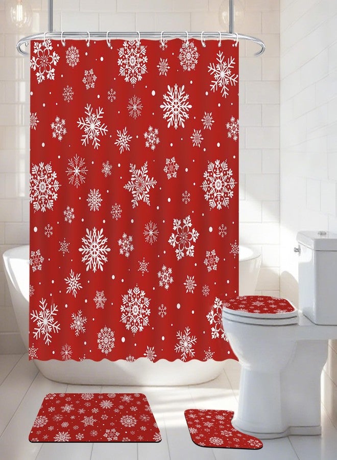 موكسيكا طقم ستارة حمام Mocsicka بتصميم ندفة الثلج لعيد الميلاد، 4 قطع، طقم حمام شتوي بتصميم ندفة الثلج مع سجاد مانع للانزلاق، غطاء للمرحاض، سجادة حمام، ستارة حمام، ديكور حمام مع 12 خطاف (أحمر) - Image 2