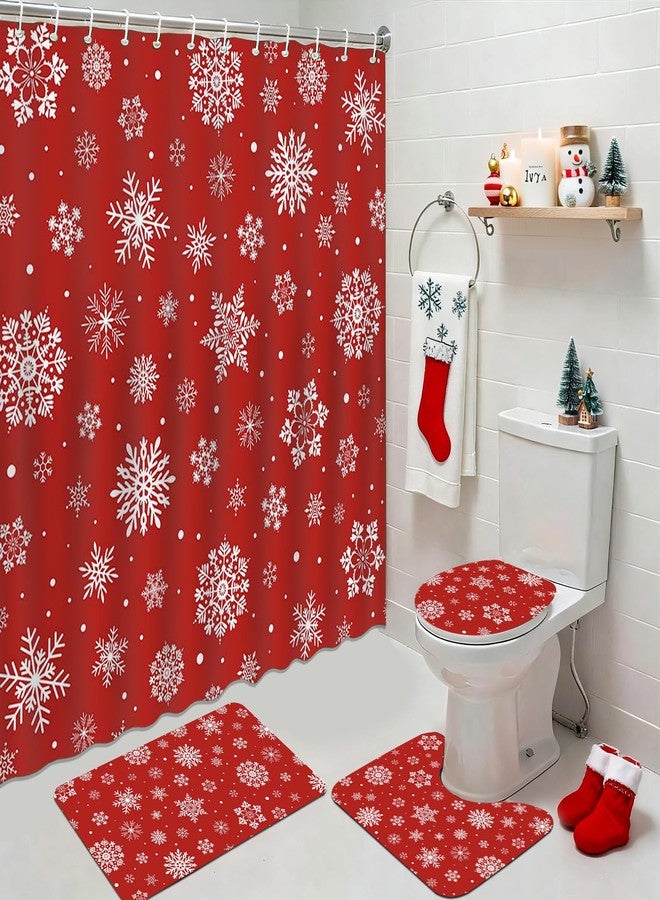 موكسيكا طقم ستارة حمام Mocsicka بتصميم ندفة الثلج لعيد الميلاد، 4 قطع، طقم حمام شتوي بتصميم ندفة الثلج مع سجاد مانع للانزلاق، غطاء للمرحاض، سجادة حمام، ستارة حمام، ديكور حمام مع 12 خطاف (أحمر) - Image 1