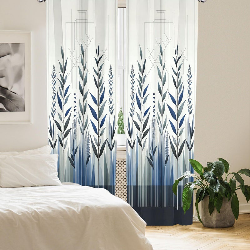 Ambesonne Botanical Curtains  Minimal Watercolor Leaves on Minimal Geometric Shapes in Cold Colors  Window Treatments 2 Panel Set for Living Room Bedroom  Pair of - 28"" x 63""  Grey Teal Slate Blue - Image 4