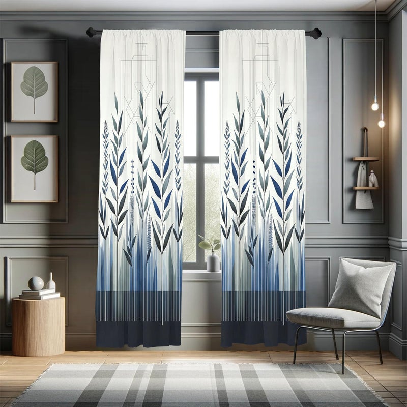 Ambesonne Botanical Curtains  Minimal Watercolor Leaves on Minimal Geometric Shapes in Cold Colors  Window Treatments 2 Panel Set for Living Room Bedroom  Pair of - 28"" x 63""  Grey Teal Slate Blue - Image 1