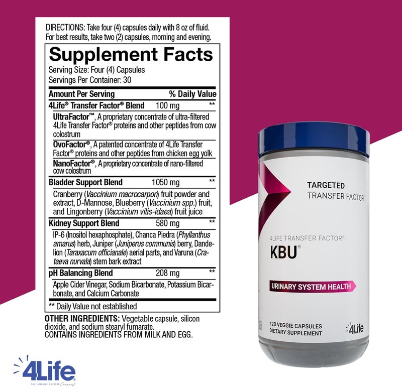 4Life KBU Urinary Supplement Transfer Factor for Bladder  Kidney Health with Cranberry Blueberry Dandelion  Juniper Berry  120 Veggie Capsules - Image 2
