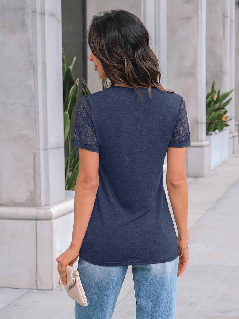 AUTOMET Short Sleeve Shirts for Women Summer Tops 2026 Spring Fashion Dressy Casual Outfits Lace Trendy Top Cute Work T Shirt Business Vacation Clothes Blouses Navy L - Image 4