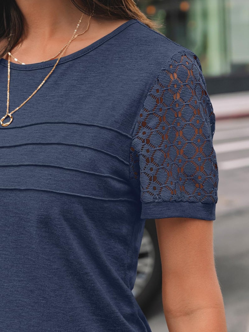 AUTOMET Short Sleeve Shirts for Women Summer Tops 2026 Spring Fashion Dressy Casual Outfits Lace Trendy Top Cute Work T Shirt Business Vacation Clothes Blouses Navy L - Image 5