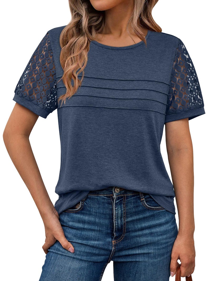 AUTOMET Short Sleeve Shirts for Women Summer Tops 2026 Spring Fashion Dressy Casual Outfits Lace Trendy Top Cute Work T Shirt Business Vacation Clothes Blouses Navy L - Image 1