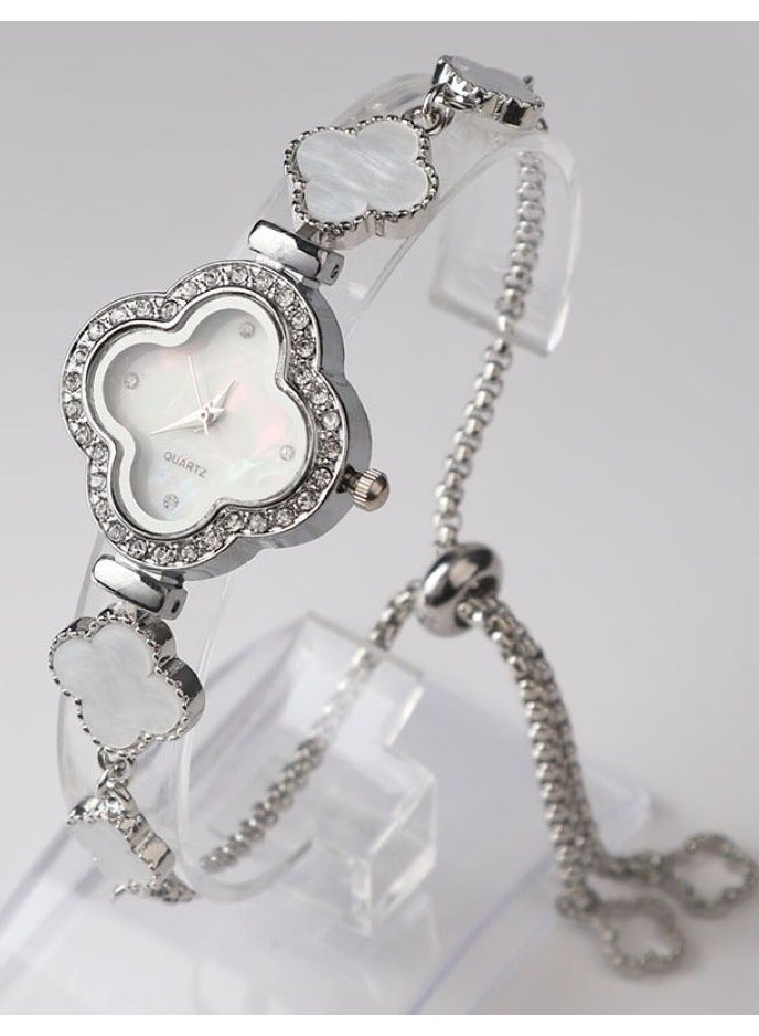 ساعة كوارتز نسائية بسوار من أربع أوراق البرسيم، ساعة بحزام فريتيلاري من حجر الراين، مرنة و قابل للتعديل - Image 1