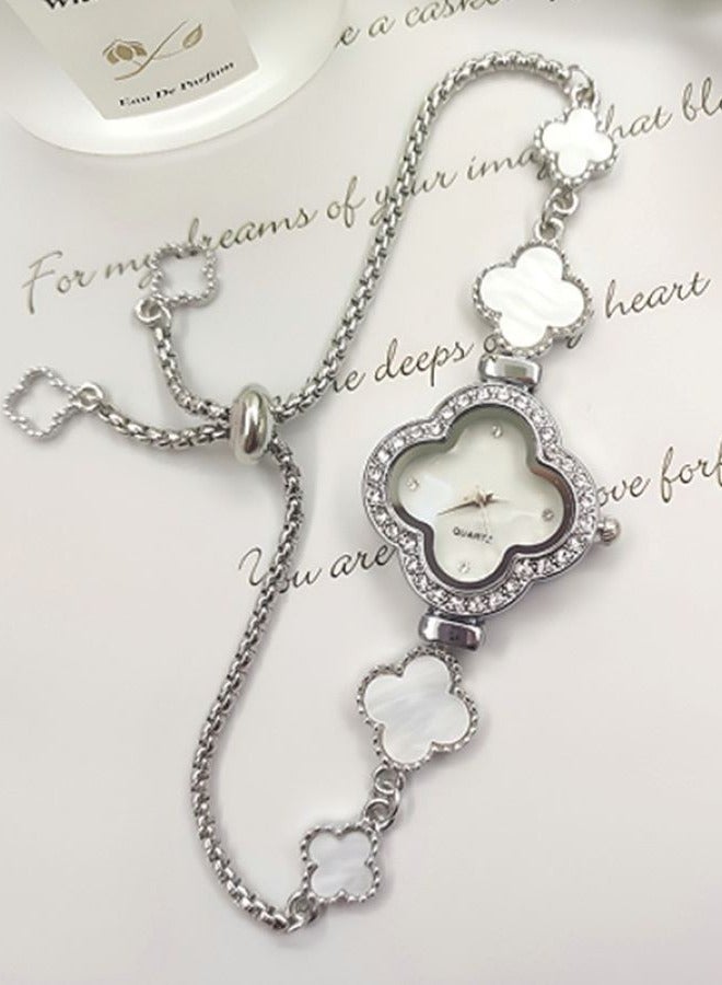 ساعة كوارتز نسائية بسوار من أربع أوراق البرسيم، ساعة بحزام فريتيلاري من حجر الراين، مرنة و قابل للتعديل - Image 3