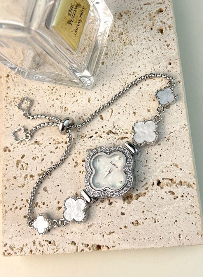 ساعة كوارتز نسائية بسوار من أربع أوراق البرسيم، ساعة بحزام فريتيلاري من حجر الراين، مرنة و قابل للتعديل - Image 5