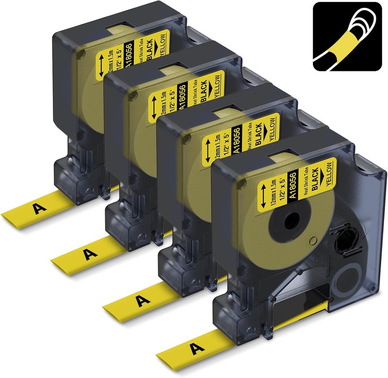 AONOMI Industrial Labels Replace for DYMO 18056 A18056 12mm Heat Shrink Tube Label Compatible with DYMO Rhino 4200, 5200, 5000, 6000, 6000+ Industrial Label Maker, Black on Yellow, 1/2" x 4.9',4-Pack - Image 1