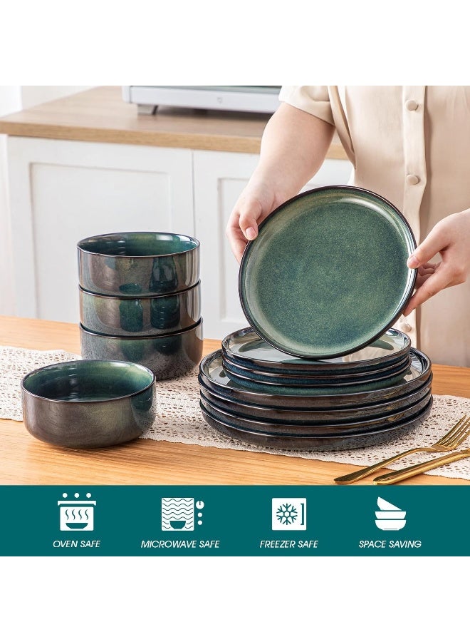vancasso Starry 12 Pieces Dinnerware Sets for 4 Green Reactive Glaze Dishes Sets Ceramic Plates and Bowls Set Dinner Salad Dessert Plates and Cereal Bowls Set Dishwasher and Microwave Safe - Image 4
