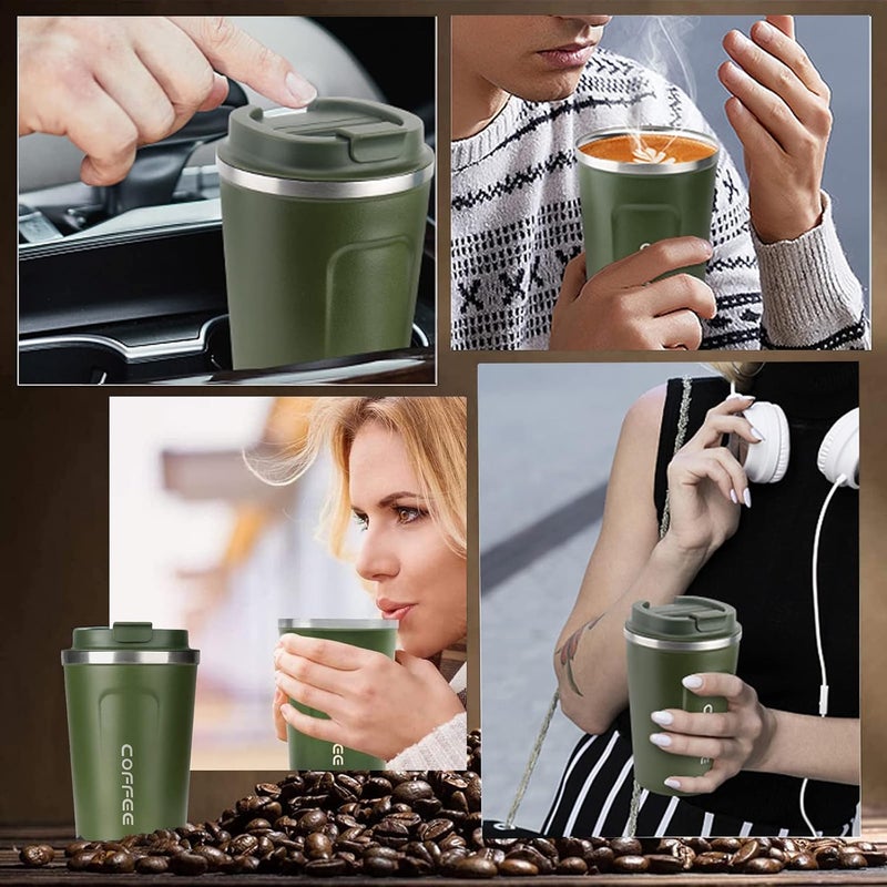 RNGODO كوب قهوة 12 أونصة - كوب قهوة سفر معزول مانع للانسكاب بغطاء مانع للتسرب، فراغ فولاذي مقاوم للصدأ، ترمس قهوة للاستخدام الخارجي، كوب قهوة قابل لإعادة الاستخدام للرجال والنساء للمشروبات الساخنة والباردة (أخضر) - Image 4