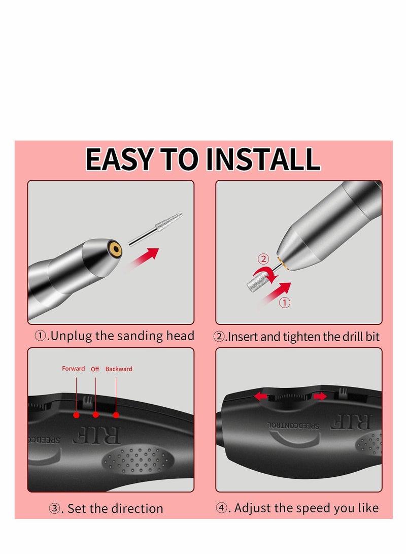 سيوسي مجموعة حفر الأظافر ، مجموعة تدريبات الملفات المحمولة الكهربائية مع 6 رؤوس وأشرطة الصنفرة ، أدوات آلي مانيكير المهنية للأظافر الأكريليك ، شكل تلميع ، USB قابل للشحن （عادي） - Image 4
