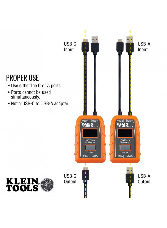 Klein Tools ET920 USB Power Meter, USB-A and USB-C Digital Meter for Voltage, Current, Capacity, Energy and Resistance - Image 3