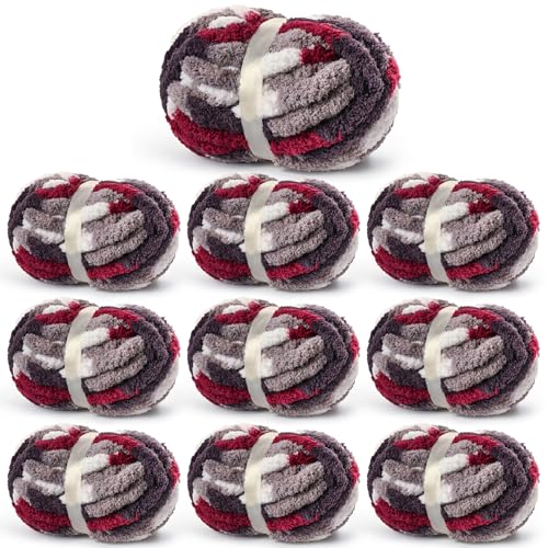 Sekafris 10 Pack Fluffy Chunky Chenille Yarn for Crocheting, Jumbo Chunky Blanket Yarn for Hand Knitting, 240yds/70.5oz Super Bulky Variegated Baby Blanket Yarn(White-Grey-Wine Red) - Image 1