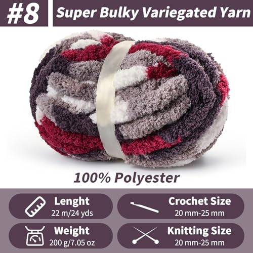 Sekafris 10 Pack Fluffy Chunky Chenille Yarn for Crocheting, Jumbo Chunky Blanket Yarn for Hand Knitting, 240yds/70.5oz Super Bulky Variegated Baby Blanket Yarn(White-Grey-Wine Red) - Image 2