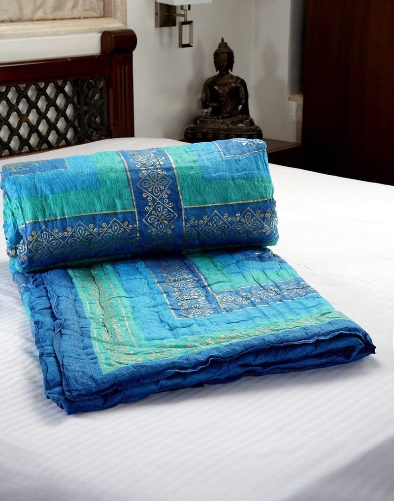 Lilfly Rajasthani Traditional Light Weight Pure Cotton Single Bed Soft Jaipuri AC Quilt/Razai dabu Print Quilts Blankets for Home (Size 55X85 inch)- Multicolor TDS-74 - Image 1