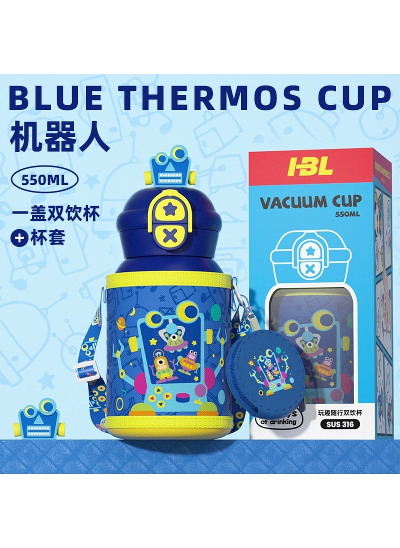 Arabest New Dual-Use Kids Thermos 316 Stainless Steel Cartoon Straw Cup Blue Robot Cup Set Cloth Bag Gift Box 